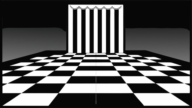 A black and white checkered floor with a large ornate area rug