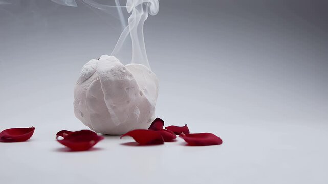 Elegant white segmented sphere with rising steam surrounded by scattered red rose petals on a pale backdrop