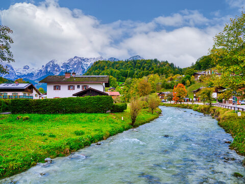 Ramsauer Ache river running through the alpine village of Ramsau bei Berchtesgaden, Germany