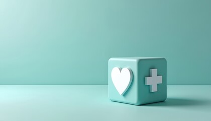 Minimal cube with white heart and plus symbols on blue background. Concept for healthcare, medical aid, wellness, and charity. Object on pastel studio surface.
