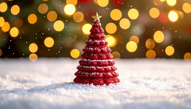 Red decorative Christmas tree on snow with golden festive bokeh lights, holiday atmosphere. Merry & bright, celebration, greeting card, ornament, winter, unique, xmas mood, minimalist, home decor, 