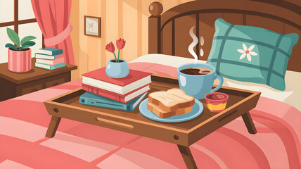 Cozy breakfast in bed with books and coffee