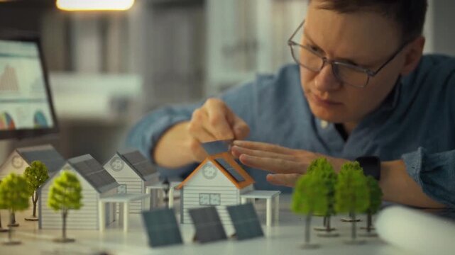 A design engineer focuses on detailed mini models of private houses. He skillfully adds solar panels to promote sustainable energy design. This work takes place in a modern office setting