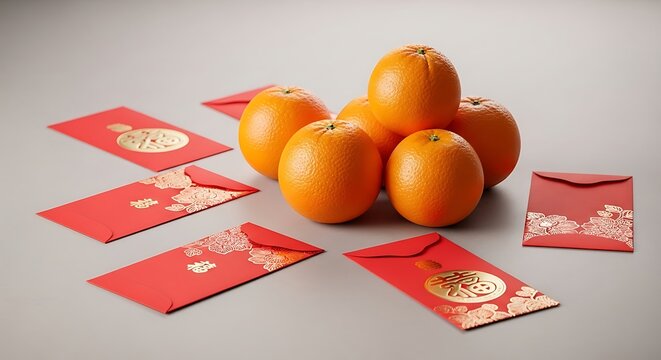 Oranges and Red Envelopes for Lunar New Year Celebrations - Powered by Adobe