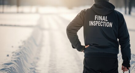 Person in hoodie with &ldquo;FINAL INSPECTION&rdquo; text on snowy road &mdash; ideal for quality control, safety and professional service content.