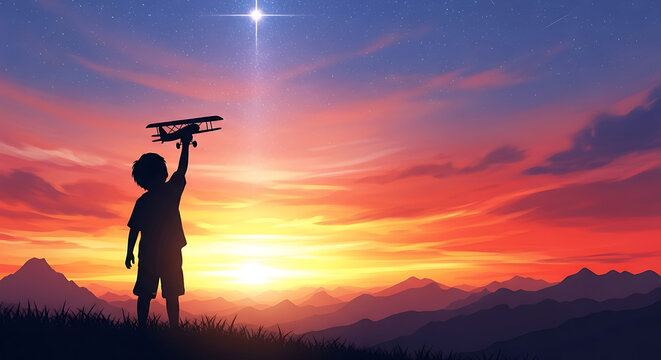 Little boy playing with toy airplane during sunset with star