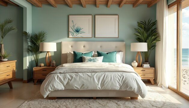 Luxury hotel bedroom interior with beautiful ocean beach view. Coastal style room wooden furniture, plants, bed with teal pillows. Apartment with panoramic window overlooking sea for summer vacation.