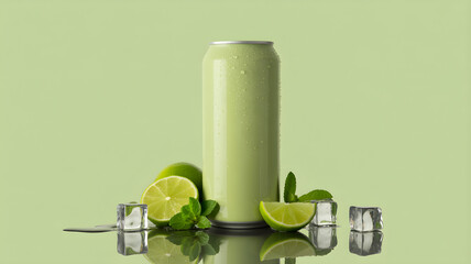 Refreshing green beverage can with lime and ice cubes