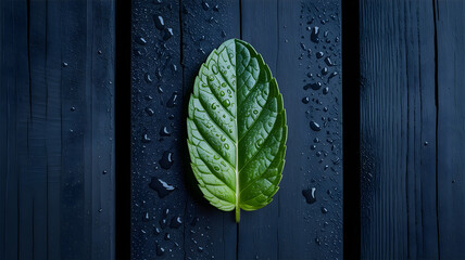 Green mint leaf with water droplets on dark wood