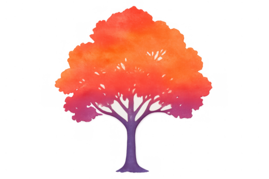 Watercolor tree illustration presenting vibrant autumn foliage in gradient shades of red, orange, and purple, isolated on transparent background
