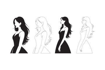 Four stylized female figures in elegant black dresses on white background