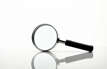 Magnifying glass tool rests on reflective surface. Simple object for close inspection. Zoom in on details, examining small print. Tool for research analysis and discovery. Study facts, uncover truth.