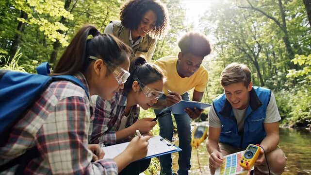 Students Analyze Water Sample in Nature Science Project. - Powered by Adobe