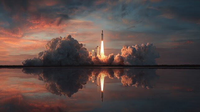 Dramatic rocket launch reflected in tranquil waters at sunset creates a feeling of awe and inspiration for innovation and future possibilities - Powered by Adobe