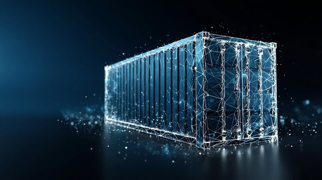 Stunning digital rendering of a shipping container with glowing lines and particles for modern logistics and supply chain visuals
