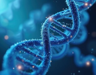 Detailed 3D render DNA molecule structure. Double helix model displayed with bright spots in blue color. Concept illustration represents genetic research, bio engineering projects in modern tech.