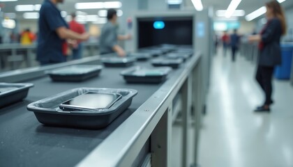 Fototapeta premium Travelers pass through airport security checkpoint. Passengers place electronics like phones in trays on conveyor belt for X-ray scanning. Safety process ensures secure movement at transport hub,