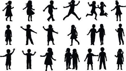 Collection of children silhouettes running walking playing together, active childhood movement group fun joyful kids poses and gestures - flat vector illustration