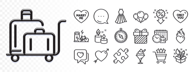 Love, Discount and Electric bike line icons for web app. Glare of light effect. Message icon. Pack of Ice creams, Surprise, Heart pictogram icons. Luggage trolley, Travel compass, Dress signs. Vector