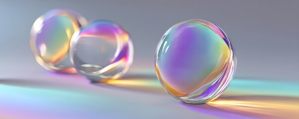 Colorful glass bubbles hover in soft light, creating dreamy abstract shapes, reflections, and vibrant color