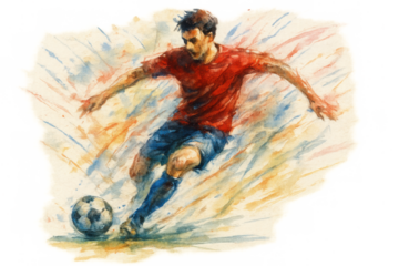 Soccer player kicking ball in watercolor paint vibrant splash during football match action on transparent background