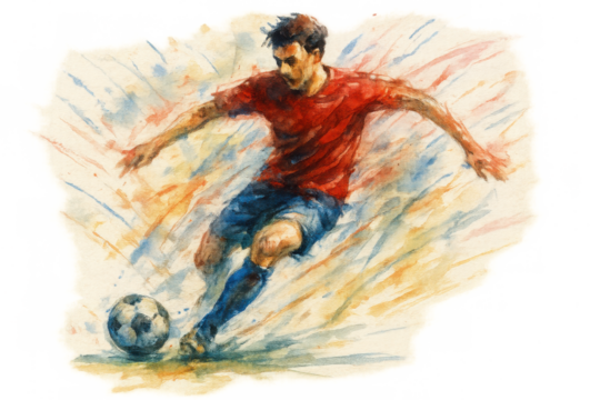 Soccer player kicking ball in watercolor paint vibrant splash during football match action on transparent background