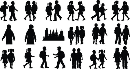 Silhouette of school children walking together with backpacks, friendship, education, students returning to school