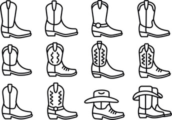 Collection of Cowboy Boot Vector Icons in Black and White Style