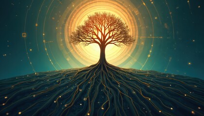 Illustration of tree with expansive roots reaching into intricate network. It symbolizes growth connection in digital eco system. Energy flows through tree digital branches. Conceptual art piece.