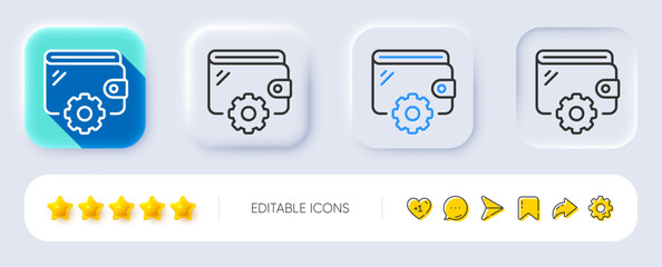 Wallet line icon. Neumorphic, Flat shadow, 3d buttons. Money purse with cogwheel sign. Cash budget symbol. Line wallet icon. Social media icons. Vector