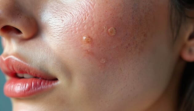 Close up of female skin with seborrheic keratosis condition. Face shows age spots, lesions, pigmentation. Skin problem requires treatment, care. Human face with dermatology issue for medical