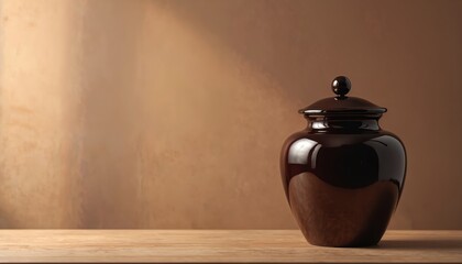 Polished dark cremation urn rests on wooden surface. Funeral container for ashes sits against textured brown backdrop. Somber, reflective memorial object, final resting place choice.