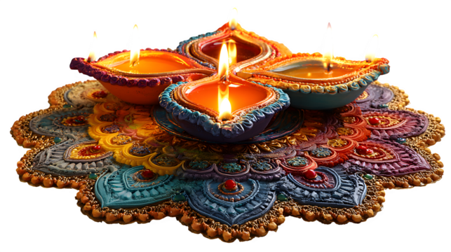 Beautiful burning diya placed on rangoli pattern representing light and positivity isolated on white background