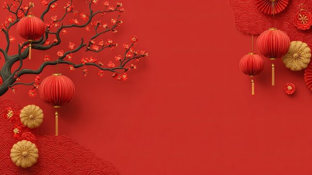 Celebrate Lunar New Year with a vibrant red background showcasing blossom branches and traditional lanterns for festive promotions and designs