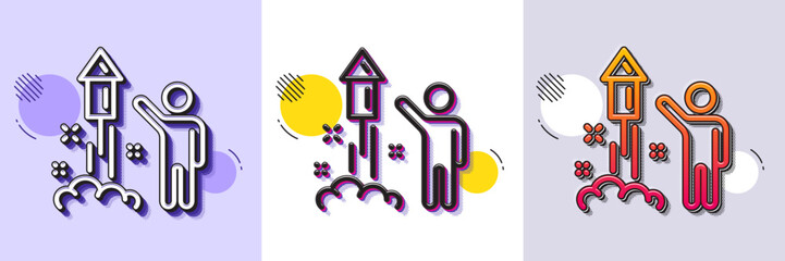 Fireworks line icon. Halftone dotted pattern. Gradient icon with grain shadow. Christmas or New year rocket sign. Pyrotechnic symbol. Line fireworks icon. Various designs. Vector