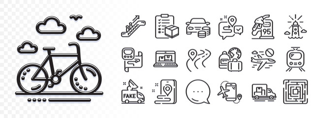 Petrol station, Buy car and Bike rental line icons for web app. Glare of light effect. Message icon. Pack of Metro map, Parcel checklist, Cancel flight pictogram icons. Vector