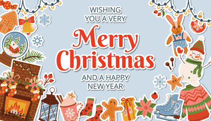 Cute Christmas card with greeting text and hygge stickers of fir branch, toy, hot chocolate, candy cane, gingerbread, snowman, skate, snow globe, and fireplace. Festive cozy frame in cartoon style.