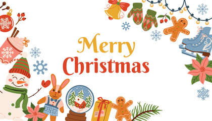 Warm Christmas card with holiday elements like fir branch, toy, cocoa, plush bunny, gingerbread, snowman, skate, snow globe, and text. Cute cozy winter mood in flat cartoon style.