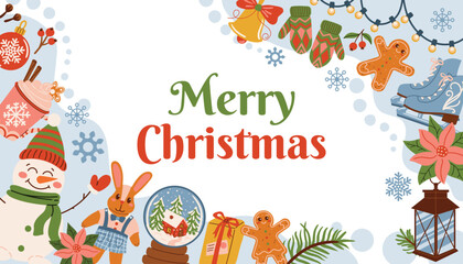Christmas greeting card with text, organic shapes, fir branch, toy, cocoa, plush bunny, gingerbread, snowman, skate, and snow globe. Cozy winter festive design in flat cartoon style.