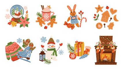 Set of Christmas compositions with fir branches, toys, hot chocolate, candy cane, gingerbread, snowman, skate, globe, and fireplace. Cozy festive still life in flat cartoon style for winter design.