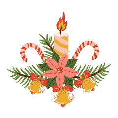 Festive Christmas wreath with fir branches, candy cane, bells, Poinsettia flower, and burning candle in flat cartoon style. Perfect for holiday cards, posters, decorations, and greetings.