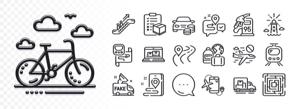 Fototapeta Petrol station, Buy car and Bike rental line icons for web app. Glare of light effect. Message icon. Pack of Metro map, Parcel checklist, Cancel flight pictogram icons. Vector