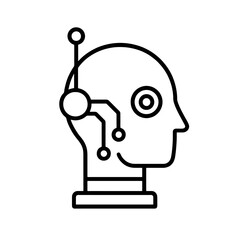 Thin black vector icon of a humanoid robot head with circuit lines, symbolizing AI, automation, and futuristic technological innovation.