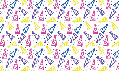 Festive pattern with different coloured caps. Bright, funny, hand-drawn linear vector seamless ornament for party, textile, fabric, interior, ceramic, wallpaper, paper decoration, celebration cover