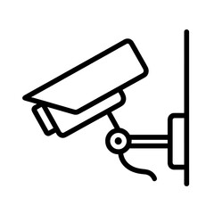 Thin black vector icon of a mounted CCTV camera angled for wall surveillance, symbolizing constant monitoring, safety, and protection.