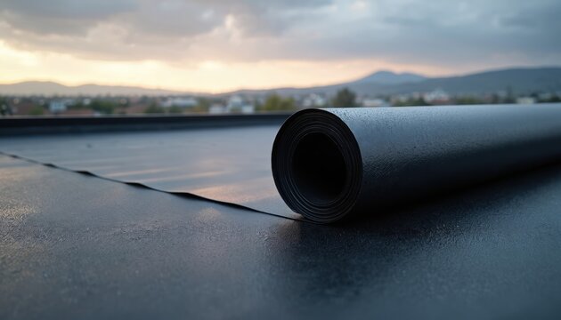 Roll of black EPDM roofing membrane on flat roof surface. Flexible, waterproof material for building exteriors. Modern construction and home improvement.