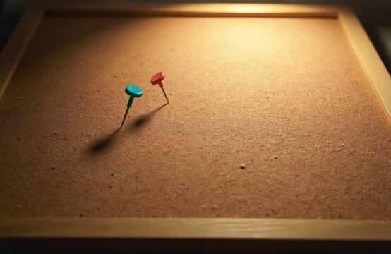 Empty corkboard with wood frame under warm light. Two colorful pushpins red, turquoise stuck into brown bulletin board. Background provides copy space for messages, reminders office notices on
