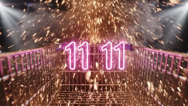 Shopping cart explosion with 1111 neon light and festive sparks
