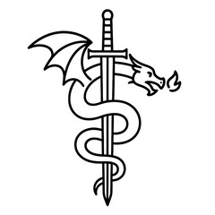 Thin black vector icon of a dragon wrapped around a sword, representing strength, honor, and the mythical spirit of ancient warriors.