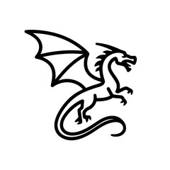 Minimal black dragon in flight vector with extended wings and detailed tail, ideal for fantasy branding, gaming, or mythology designs.